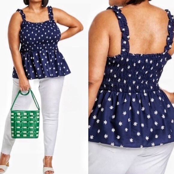 Ava & Viv Tops - Cottagecore Ava Viv Navy White Daisy Floral Smocked Peplum Tank Top 1X Boho Chic